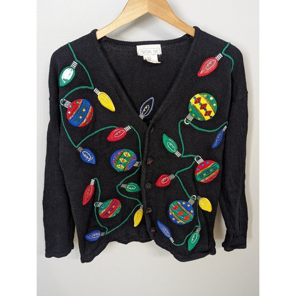 Mandal Bay Ugly CHISTMAS CARDIGAN SWEATER Black Long Sleeve Button Up Women's L